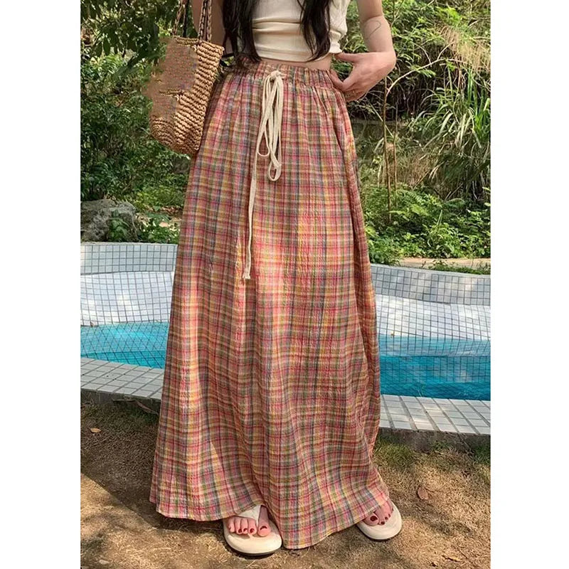 Vintage Y2K Plaid Skirts Women Harajuku Streetwear Drawstring Long Skirt Woman Summer Elastic High Waist A-Line Skirts-Gennys fashion