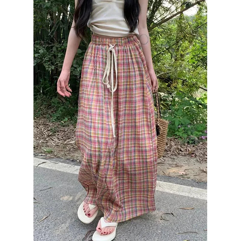 Vintage Y2K Plaid Skirts Women Harajuku Streetwear Drawstring Long Skirt Woman Summer Elastic High Waist A-Line Skirts-Gennys fashion