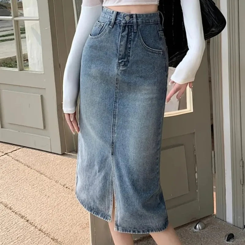 Korean Version of Ins Retro High-Waisted Split Denim Jeans Skirt Women Loose Thin Long A-Line Bag Hip Skirt Tide Women Jeans-Gennys fashion