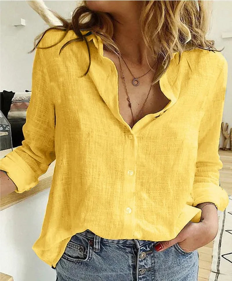 Elegant Cotton Linen Shirts Women Casual Solid Button Lapel Blouses Shirts Autumn Winter Long Sleeve Loose Tops Tunic Blusas-Gennys fashion