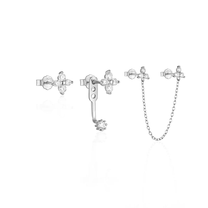 925 Sterling Silver 3Pcs Set Two Stud Tassel K Gold Chain Flower Zircon Earrings for Women Fine Jewelry Valentine Day Gift-Gennys fashion