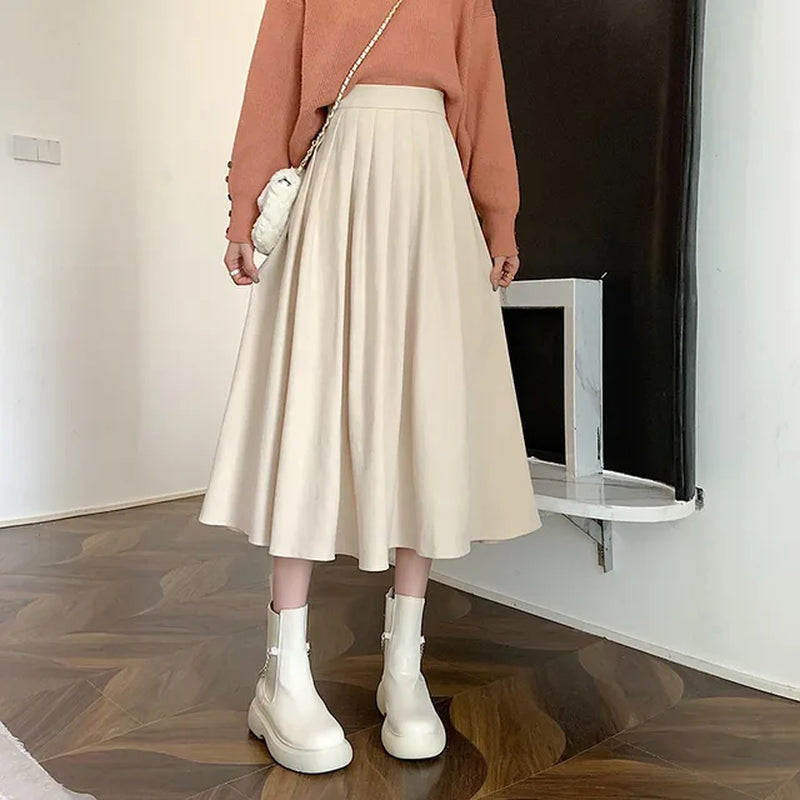 Vintage Brown High Waist Pleated Skirt Women Korean Fashion College Style Long Skirt Ladies Autumn Casual a Line Skirts-Gennys fashion