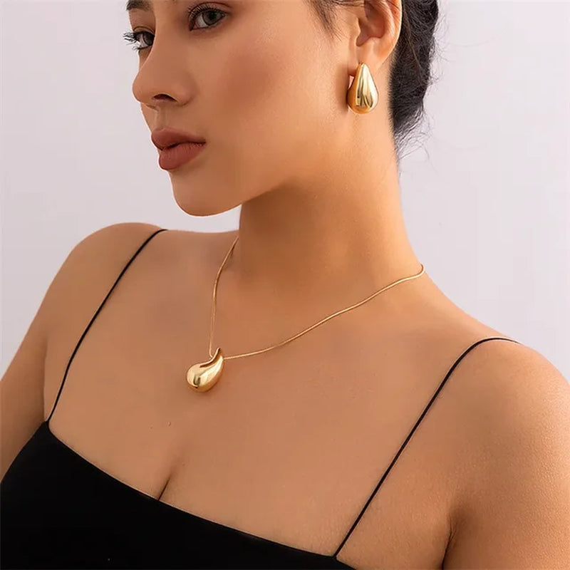 New Gold Color Stainless Steel Necklace for Women Jewelry Metal Vintage Waterdrop Pendant Earrings Necklace Set Birthday Gift-Gennys fashion