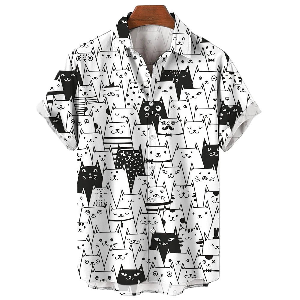 Men'S Hawaiian Collar Shirt 3D Printing Short Sleeve Cute Cat Casual for Men Vintage Clothes Harajuku Floral Blouse-Gennys fashion