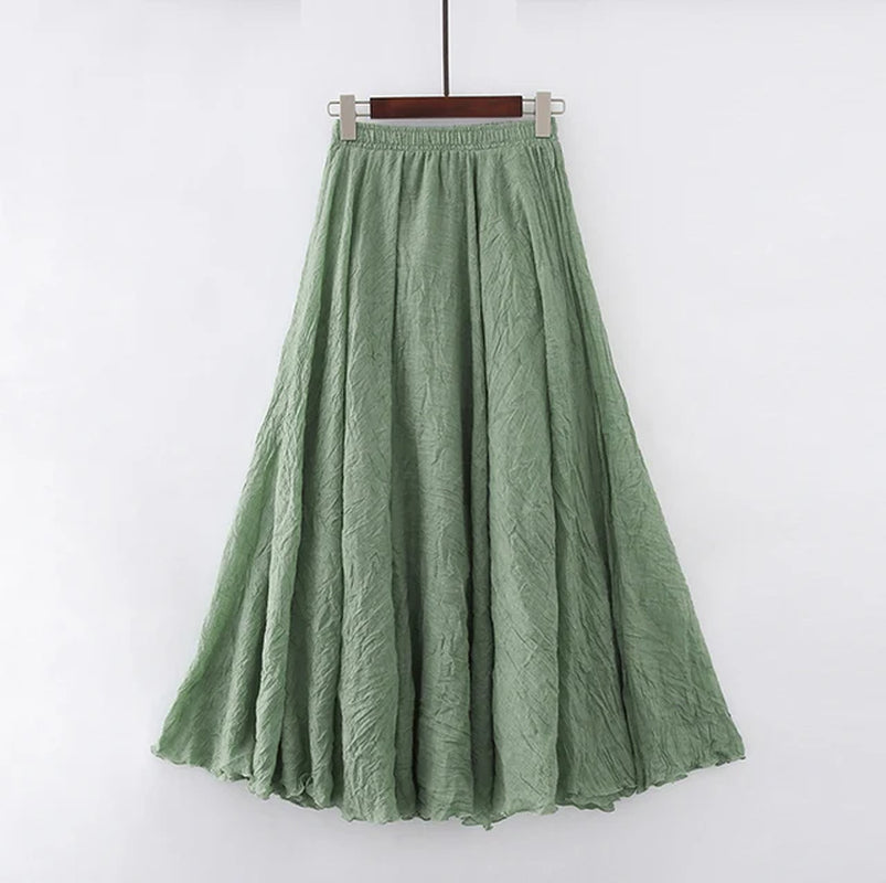 High Quality Cotton Linen Maxi Skirt Womens Casual Elastic High Waist Pleated A-Line Beach Skirts Boho Saia Feminina Faldas Jupe-Gennys fashion