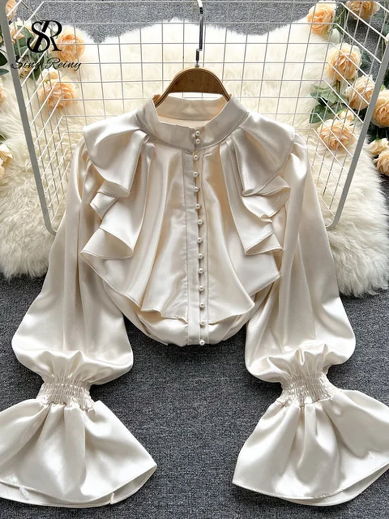 SINGREINY High Quality Satin Loose Shirt Long Flared Sleeves Ruffles O Neck Beading Women Gentle Office Lady Casual Blouse-Gennys fashion