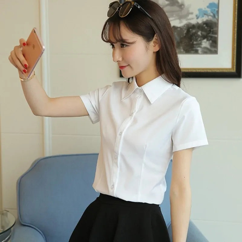 Korean Fashion White Shirt Women Autumn Short Sleeve Blouse Slim Office Lady Tops Women'S Shirt S-5XL Student Shirt Women'S Wear-Gennys fashion