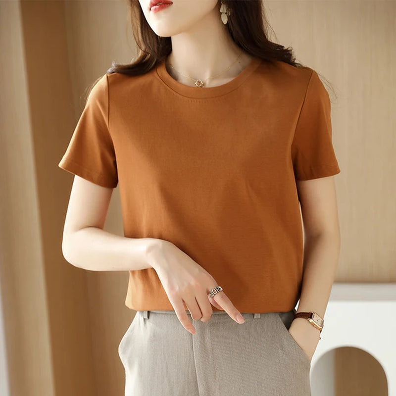 Summer 100% Mercerized Cotton Women Silk T-Shirts O Neck Short Sleeve Loose Straight Tops Simple Casual Tees for Minimalist 2023-Gennys fashion