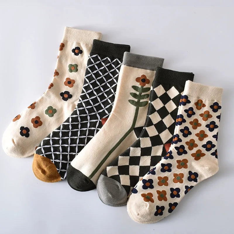 Retro Floral Diamond Grid Socks