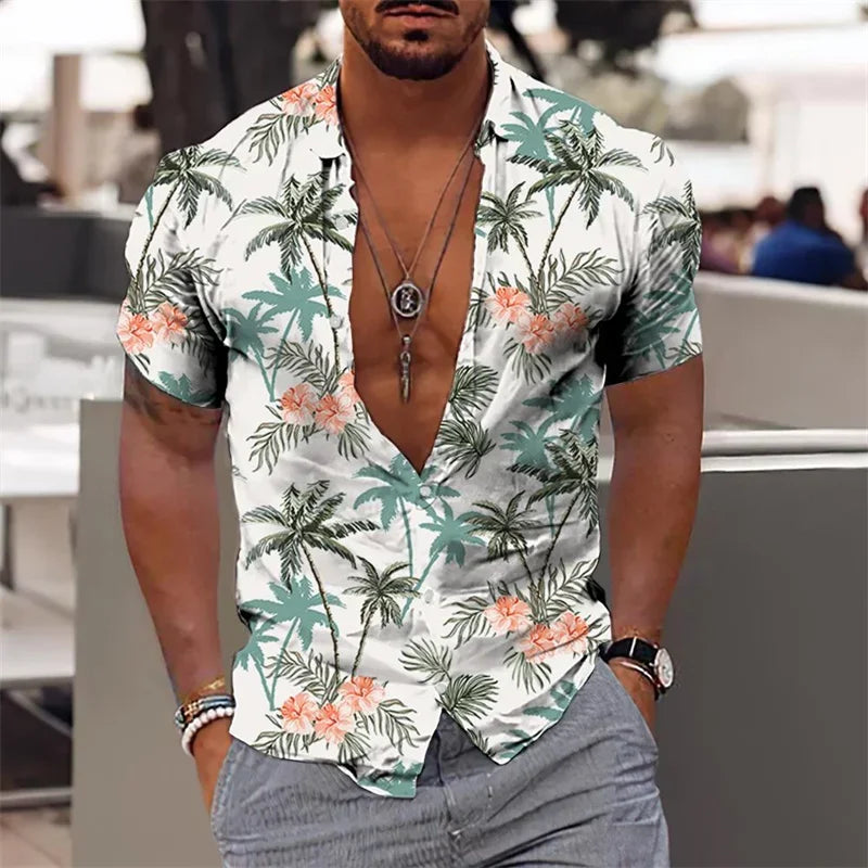 2024 Summer Hawaiian Men'S Shirt Vacation Daily Slim-Fit Top Gym Elegant Floral Pattern Leaves Society Casual Fashion-Gennys fashion