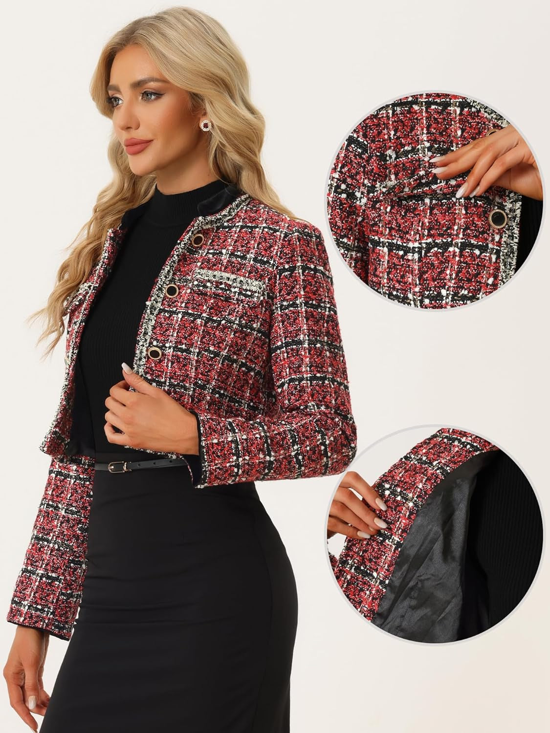 Tweed Crop Jacket for Women'S Stand Collar Double Breasted Elegant Plaid Blazer-Gennys fashion