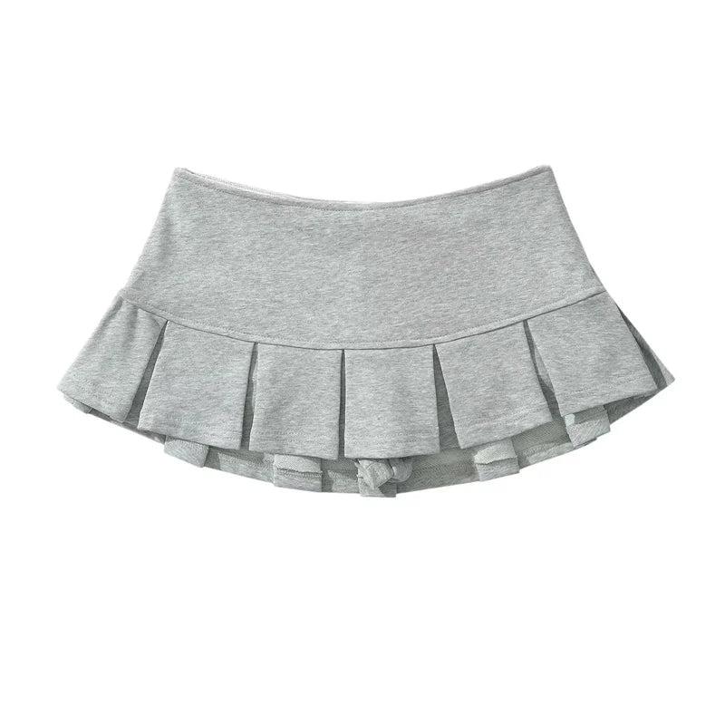 New Women'S Terry Fabric Low Waist Y2K Mini Skirt Wide Pleat Decoration Light Grey Flounce a Line Skort Hot Sweet-Gennys fashion