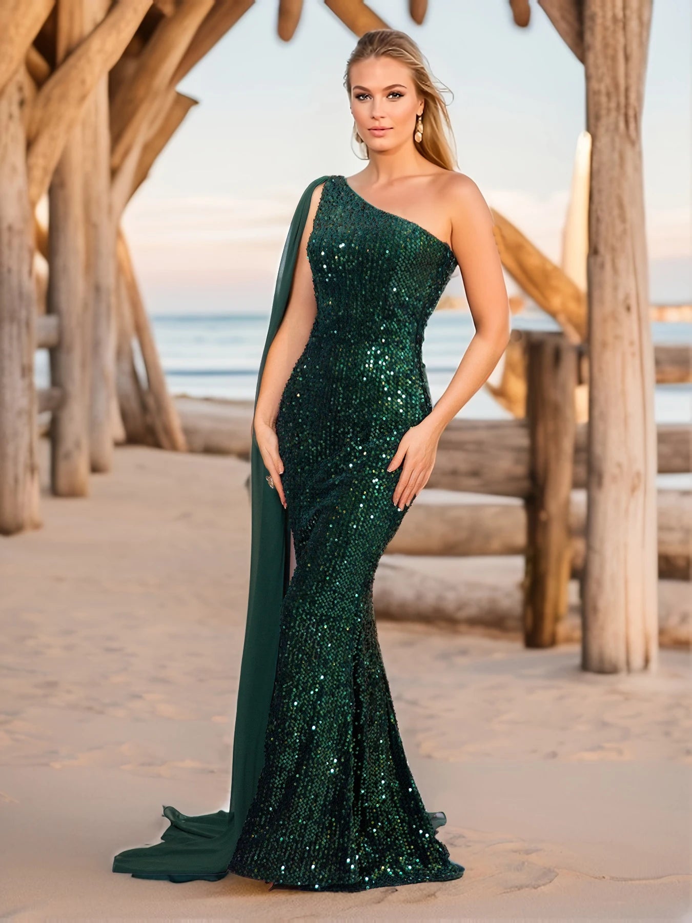 One Shoulder Chiffon Ribbon Flip Green Sequined Evening Dress Long Prom Maxi Gown for Women-Gennys fashion