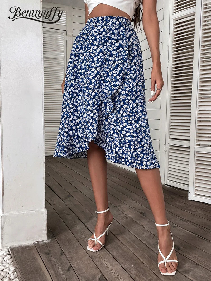 Ditsy Floral Print Ruffle Trim Midi Skirts Womens 2024 Summer Holiday Boho A-Line Female High Elastic Waist Skirts-Gennys fashion