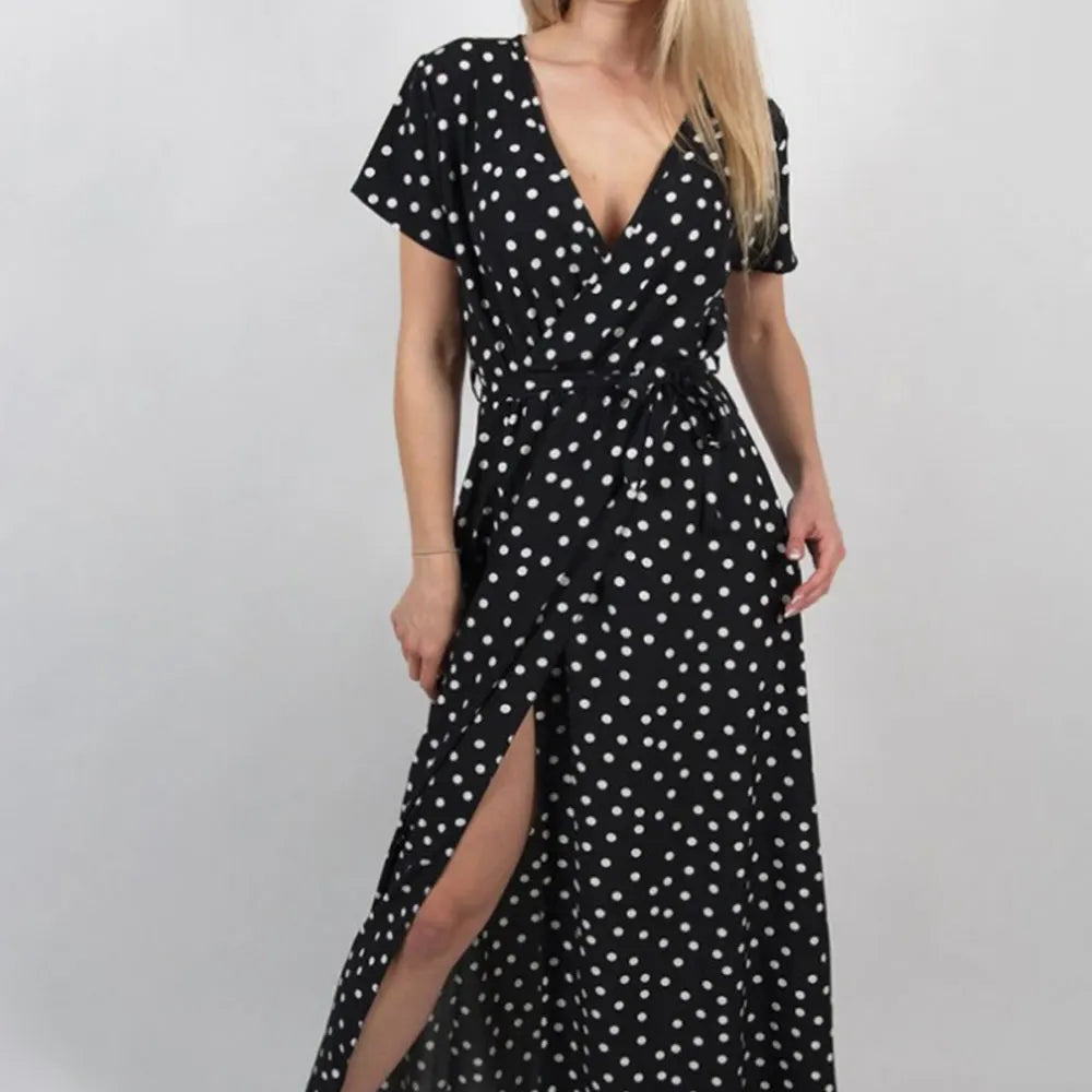 Summer Ladies Long Split Dress Polka Dot Beach Dress Maxi Dress Women Evening Party Dress Floor-Length Beach Hobo Sundress-Gennys fashion