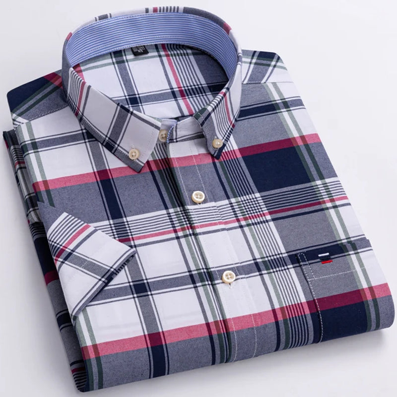 Men'S Fashion Versatile Short Sleeve Oxford Shirt Single Chest Pocket Regular-Fit Comfortable Cotton Plaid Striped Casual Shirts-Gennys fashion