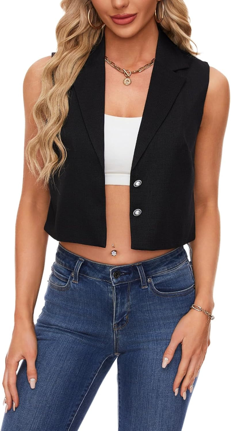 Women Sleeveless Blazer Button down Blazers Vest Casual Crop Summer Top Waistcoat with Buttons-Gennys fashion