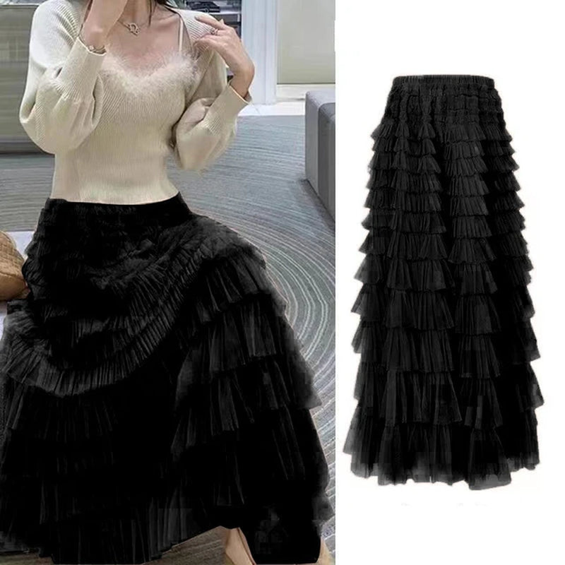 Summer Spring Women’S Multilayer Ruffles Tulle Skirt Pleated High Waist Fluffy Maxi Skirt Fairy Cake Dress Long Tutu Party Skirt-Gennys fashion