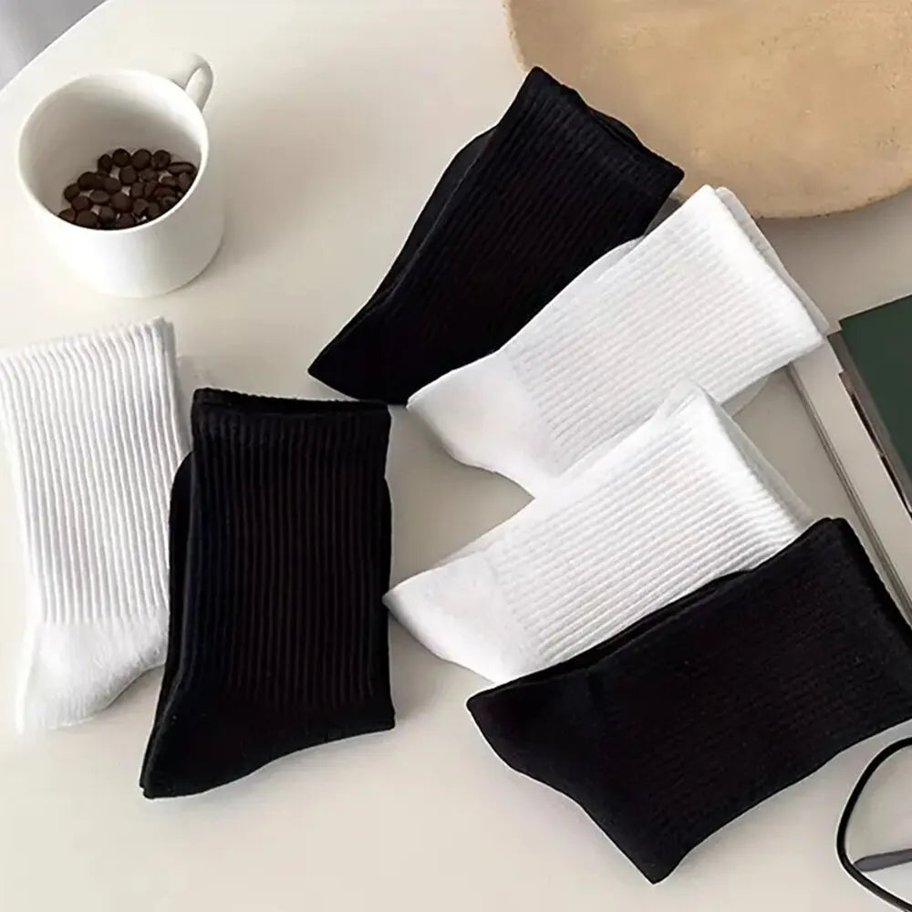 7 Pairs Mid Length Socks Women'S Classic Black White Solid Color Fashionable Casual Sports Sweat Absorbing Breathable Men Socks-Gennys fashion