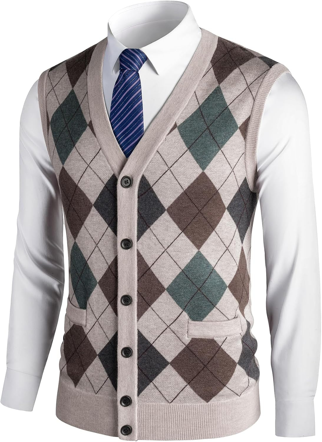 Men'S Thick Argyle Sweater Vests Class-Neck Knitwear Jumper Waistcoat Wool Blend Sleeveless Cardigan with Buttons Warm Plaid Tank Tops Autumn Winter-Gennys fashion