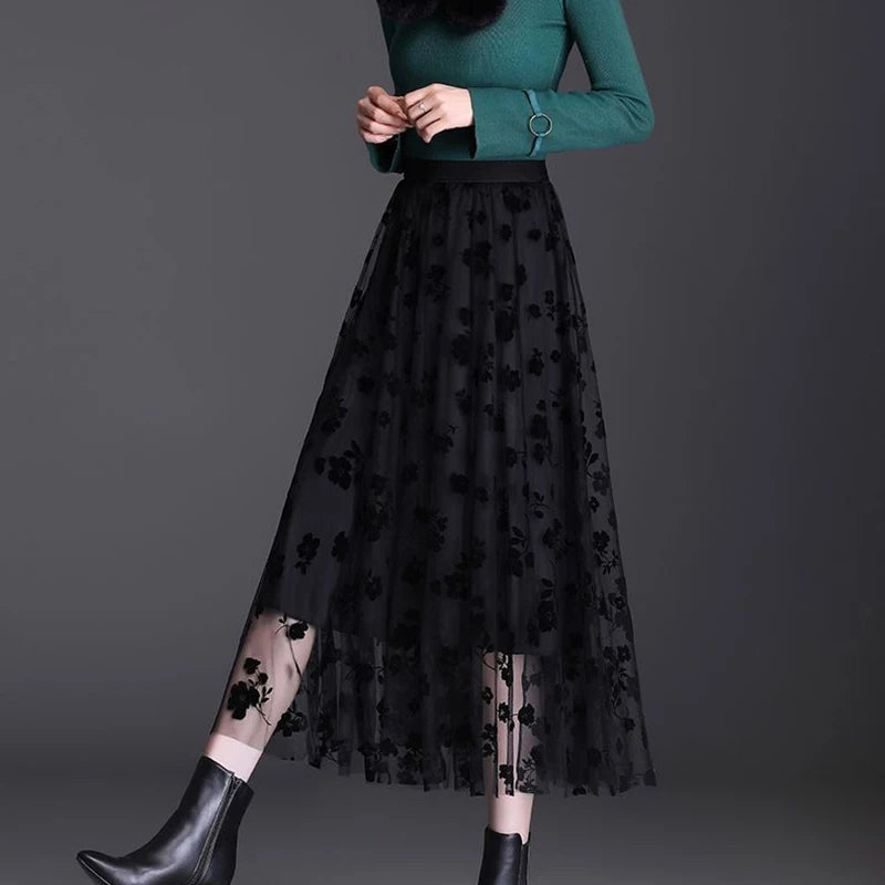 Elegant Mid-Length All-Match High-Waist Slimming Flocking Floral Mesh Long Gauze Skirts Women 2023 Autumn Winter High Waisted-Gennys fashion