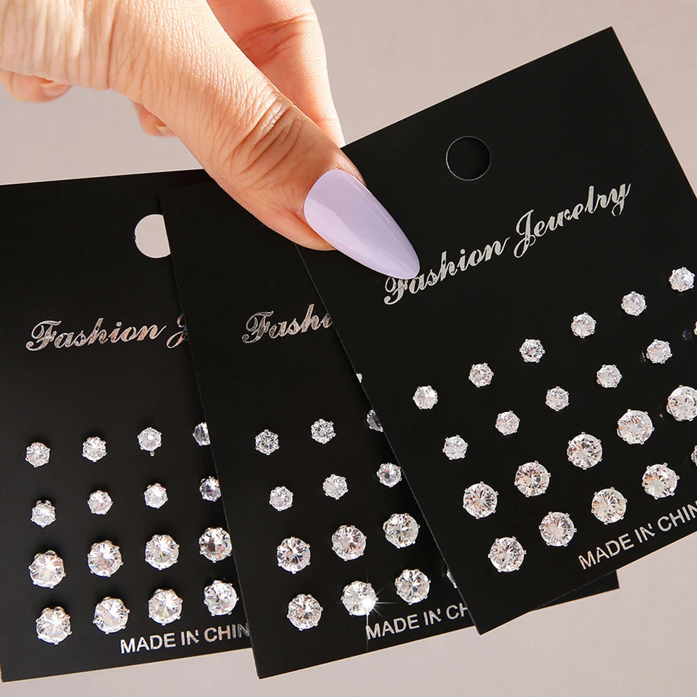 Maximum 36 Pairs Shiny Zircon Stud Earrings Set for Women Men Daily Versatile Chic Silver Color Crystal Ear Jewelry Accessories-Gennys fashion