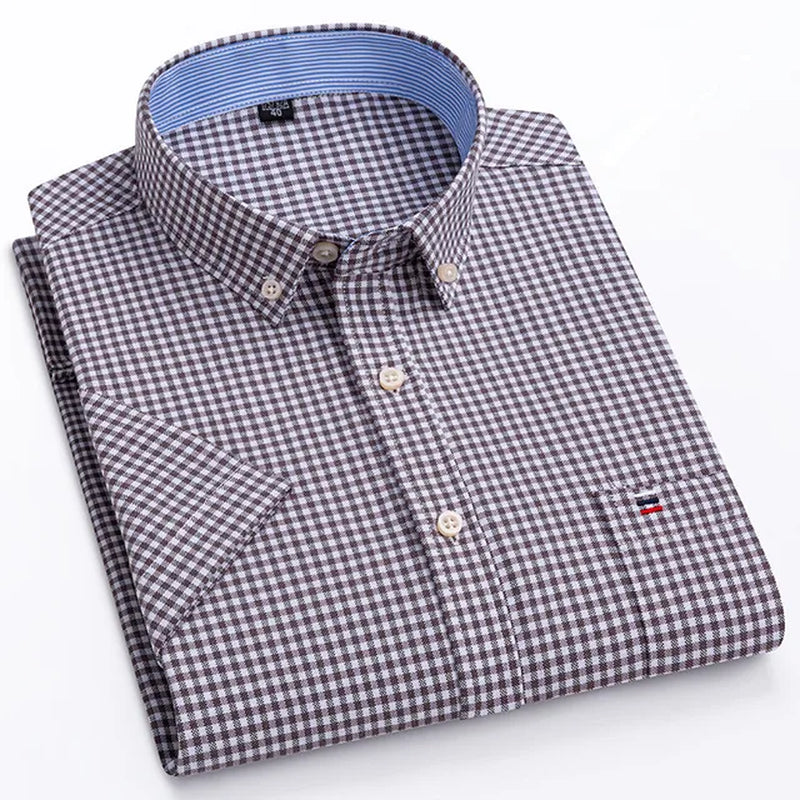 100% Cotton Men Oxford Shirt Short Sleeve Summer Plaid Striped Male Clothes Business Regular Fit Dress Shirt Oversized 7XL 6XL-Gennys fashion