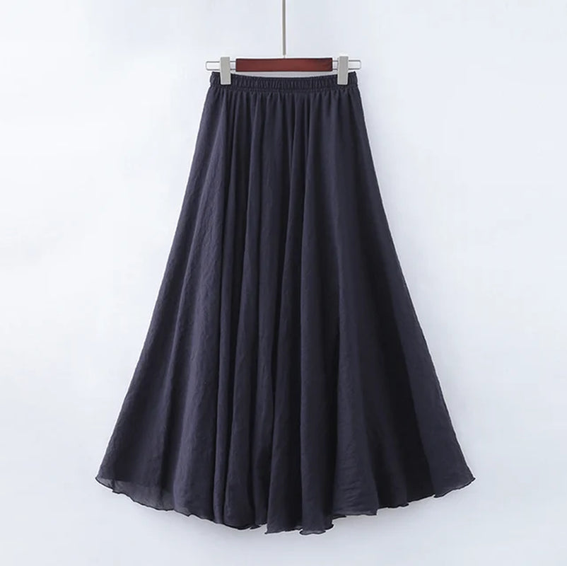 High Quality Cotton Linen Maxi Skirt Womens Casual Elastic High Waist Pleated A-Line Beach Skirts Boho Saia Feminina Faldas Jupe-Gennys fashion