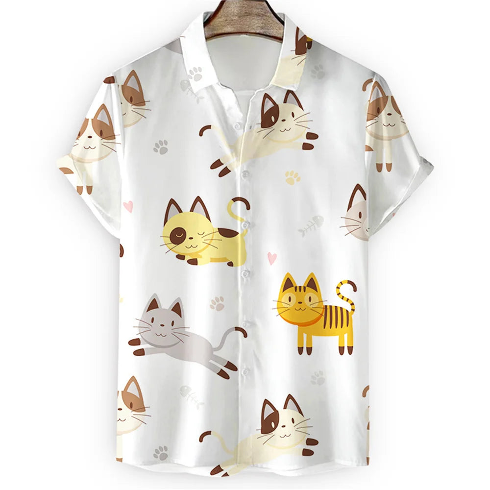 Men'S Hawaiian Collar Shirt 3D Printing Short Sleeve Cute Cat Casual for Men Vintage Clothes Harajuku Floral Blouse-Gennys fashion