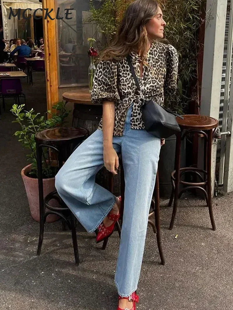 Lace up Leopard Print Shirt Women Puff Short Sleeve Hollow Out O-Neck Blouse 2024 Summer Female Fashion Commuter Tops Streetwear-Gennys fashion