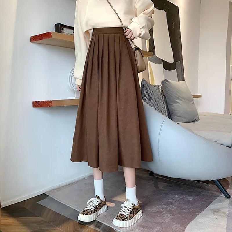 Vintage Brown High Waist Pleated Skirt Women Korean Fashion College Style Long Skirt Ladies Autumn Casual a Line Skirts-Gennys fashion