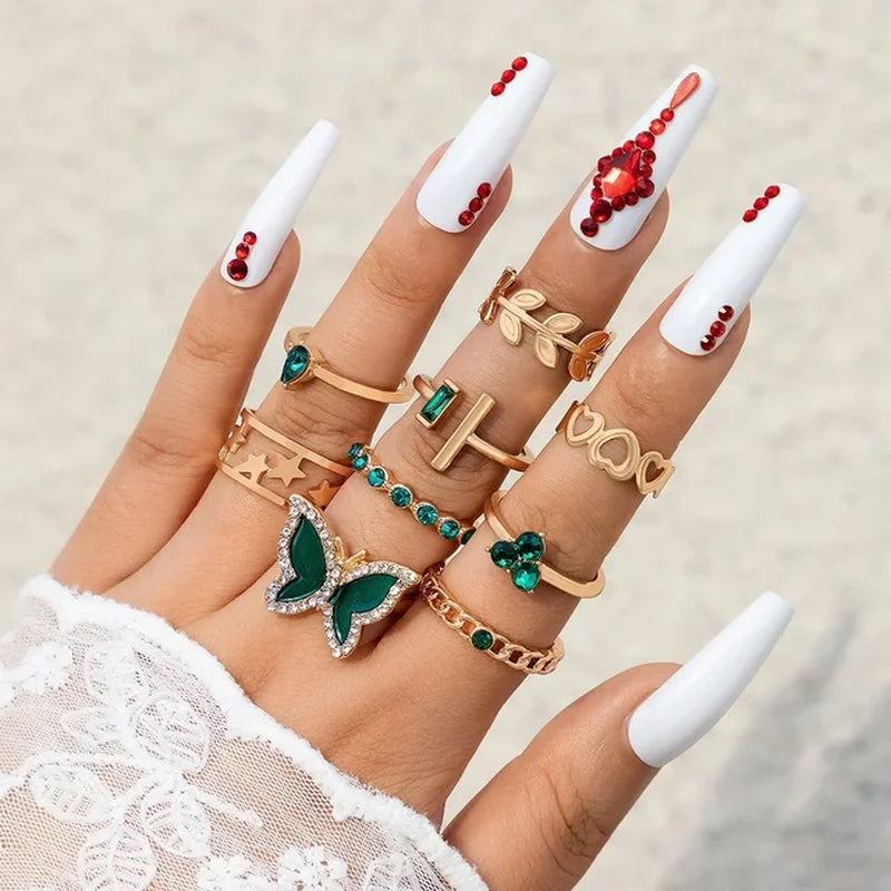 Crystal Rings Set Vintage Women Butterfly Pearl Geometric Hollow Ring Girls Anillos Jewelry Bague Adjustable Funk Jewellery-Gennys fashion