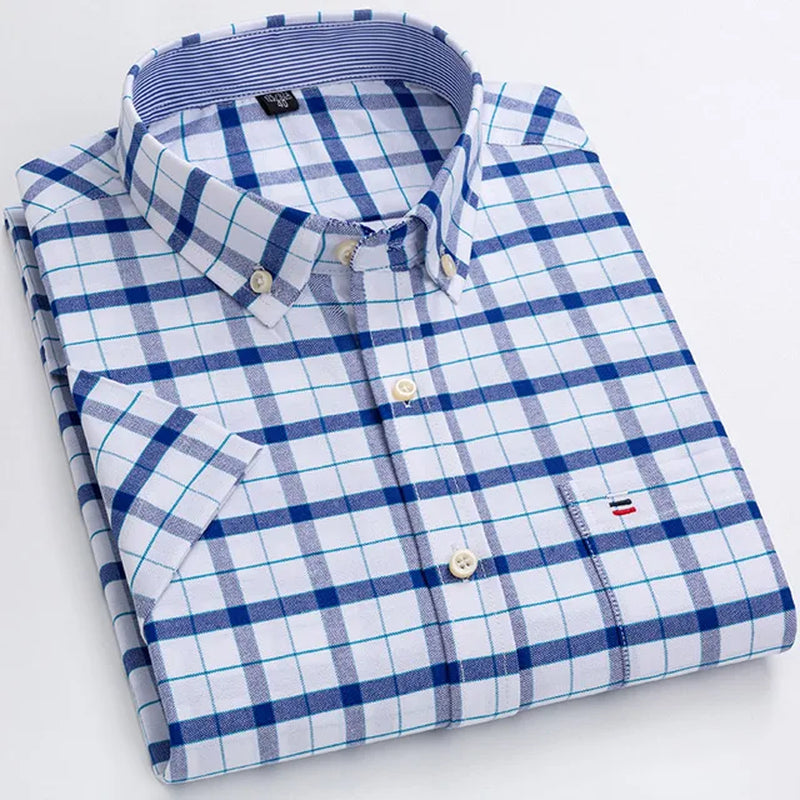 Men'S Fashion Versatile Short Sleeve Oxford Shirt Single Chest Pocket Regular-Fit Comfortable Cotton Plaid Striped Casual Shirts-Gennys fashion