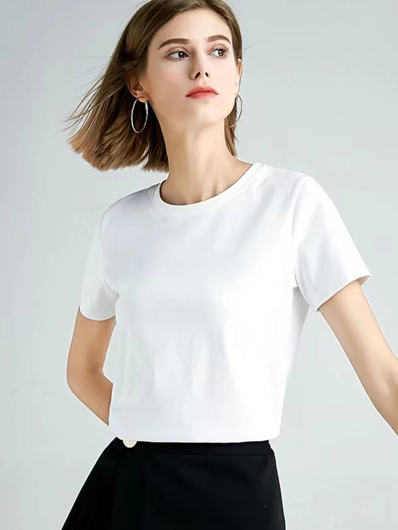 Summer 100% Mercerized Cotton Women Silk T-Shirts O Neck Short Sleeve Loose Straight Tops Simple Casual Tees for Minimalist 2023-Gennys fashion