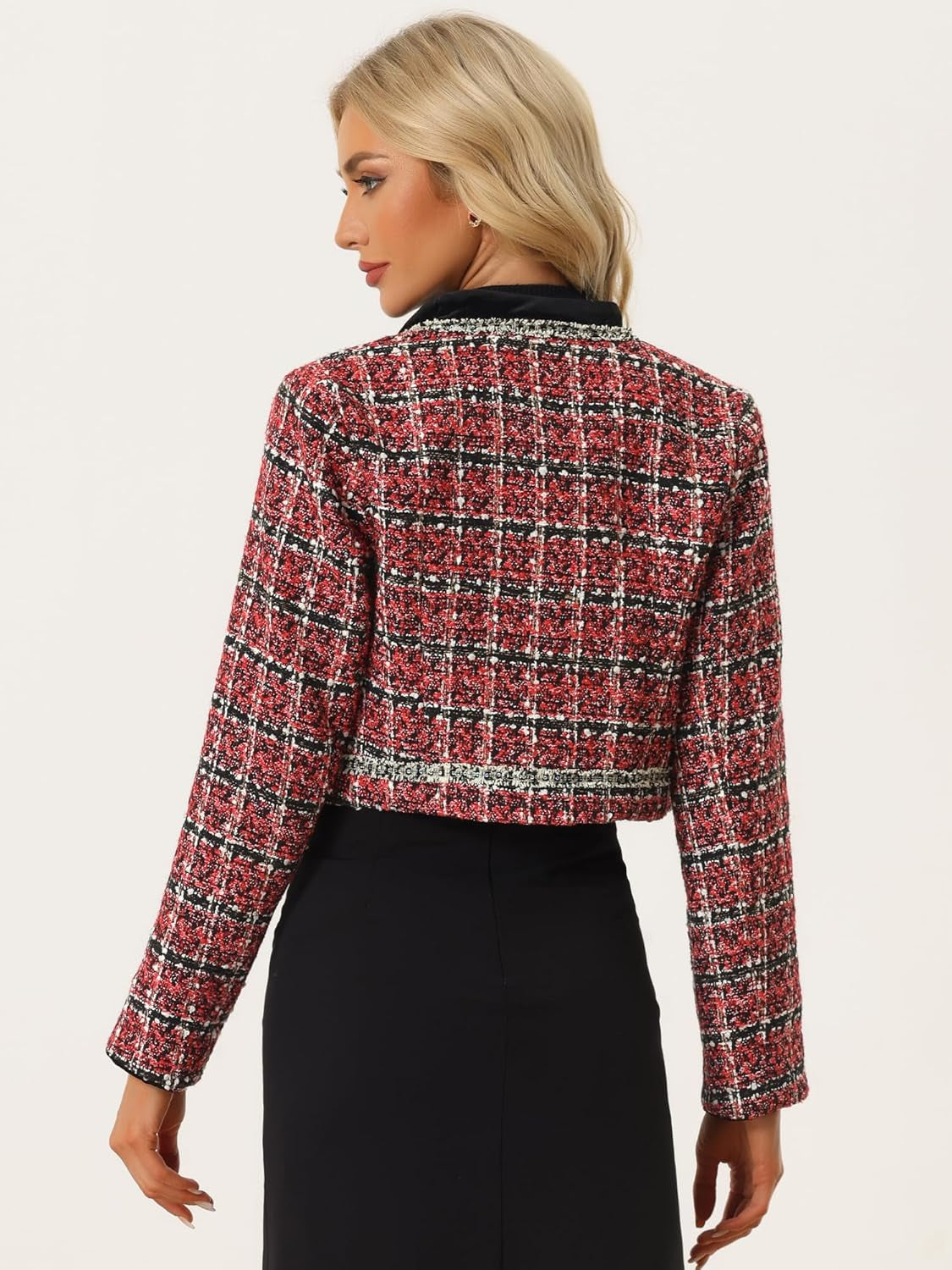 Tweed Crop Jacket for Women'S Stand Collar Double Breasted Elegant Plaid Blazer-Gennys fashion