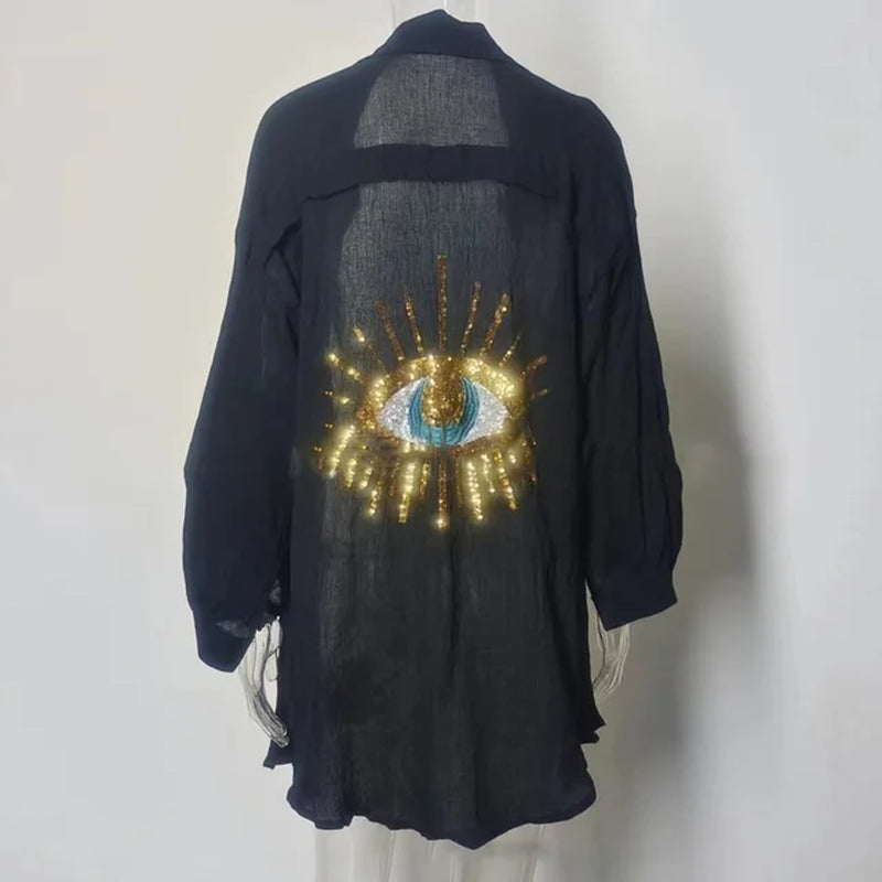 Long Sleeve Loose Shirts Coat Women Casual Sequin Beaded Turn-Down Button Blouse Vintage Fashion Spring Summer Evil Eye Tops-Gennys fashion