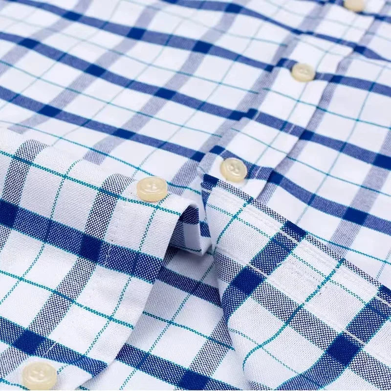 100% Cotton Men Oxford Shirt Short Sleeve Summer Plaid Striped Male Clothes Business Regular Fit Dress Shirt Oversized 7XL 6XL-Gennys fashion