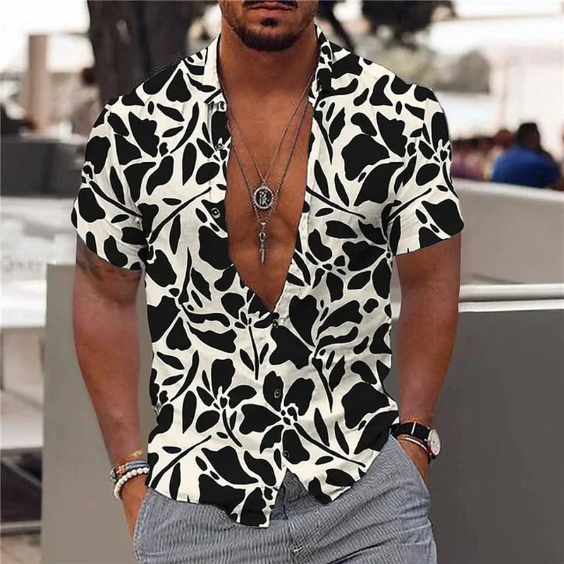 2024 Summer Hawaiian Men'S Shirt Vacation Daily Slim-Fit Top Gym Elegant Floral Pattern Leaves Society Casual Fashion-Gennys fashion