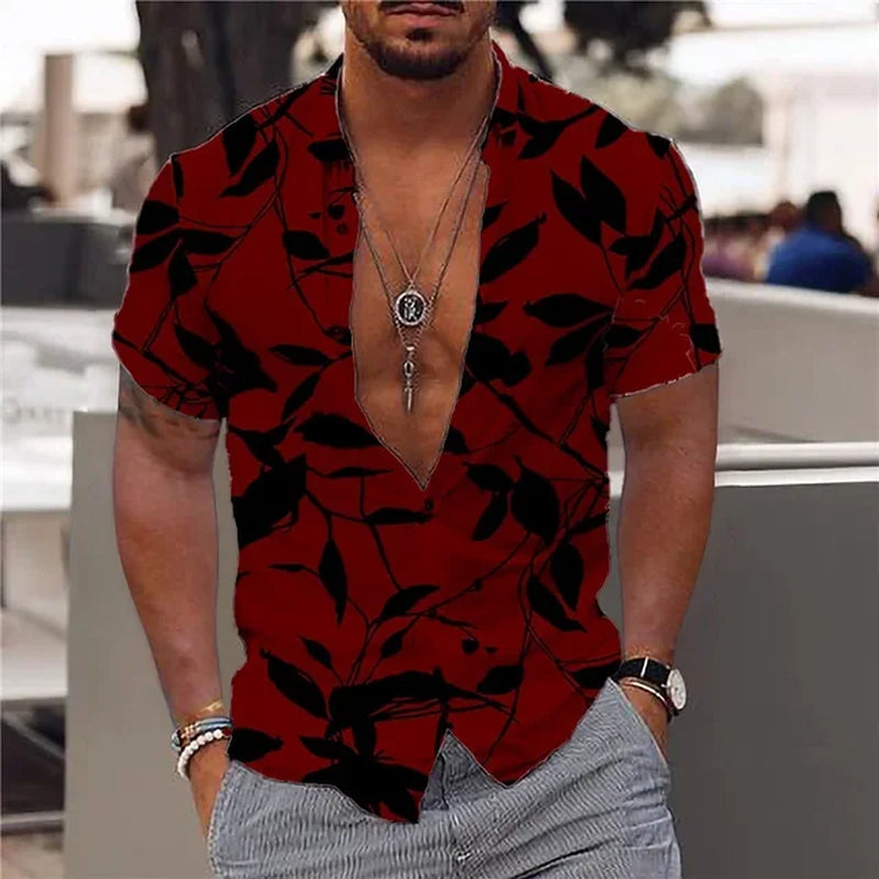 2024 Summer Hawaiian Men'S Shirt Vacation Daily Slim-Fit Top Gym Elegant Floral Pattern Leaves Society Casual Fashion-Gennys fashion