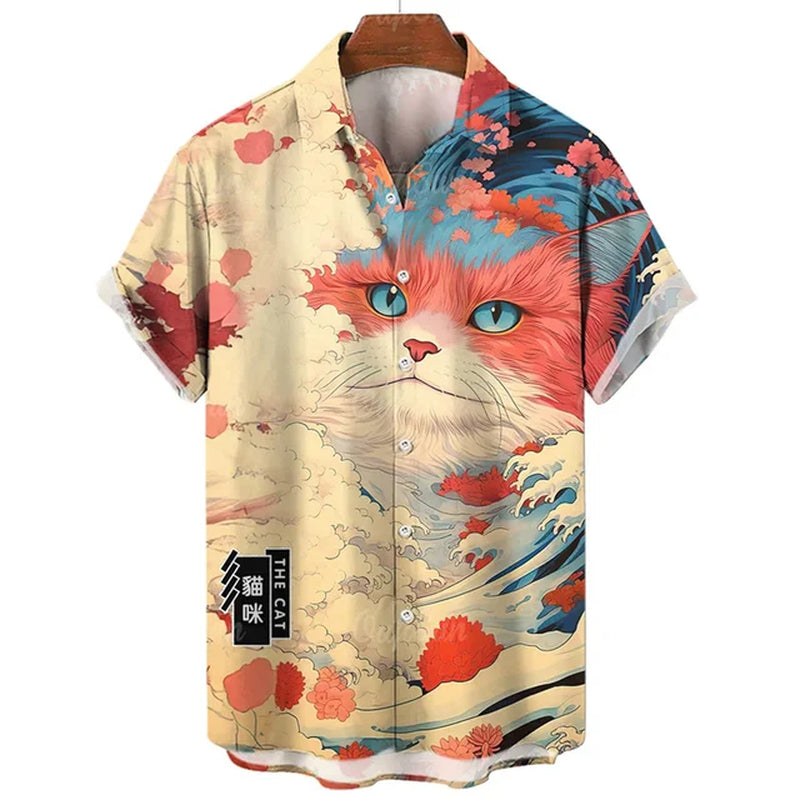 Fashion Hawaiian Shirt 3D Animal Cat Printed Short Sleeves Summer Beach Floral Lapel Shirts Men Streetwear Tops Blouse Clothes-Gennys fashion