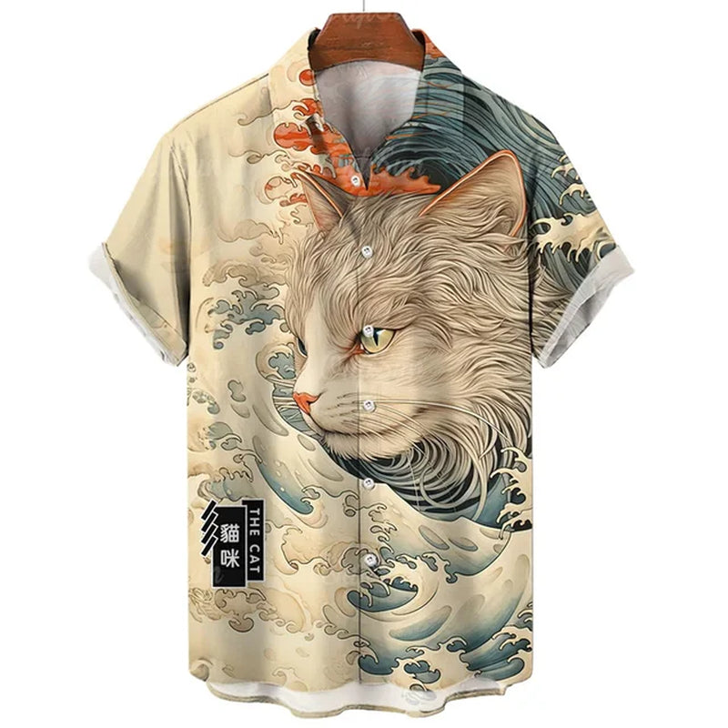 Fashion Hawaiian Shirt 3D Animal Cat Printed Short Sleeves Summer Beach Floral Lapel Shirts Men Streetwear Tops Blouse Clothes-Gennys fashion