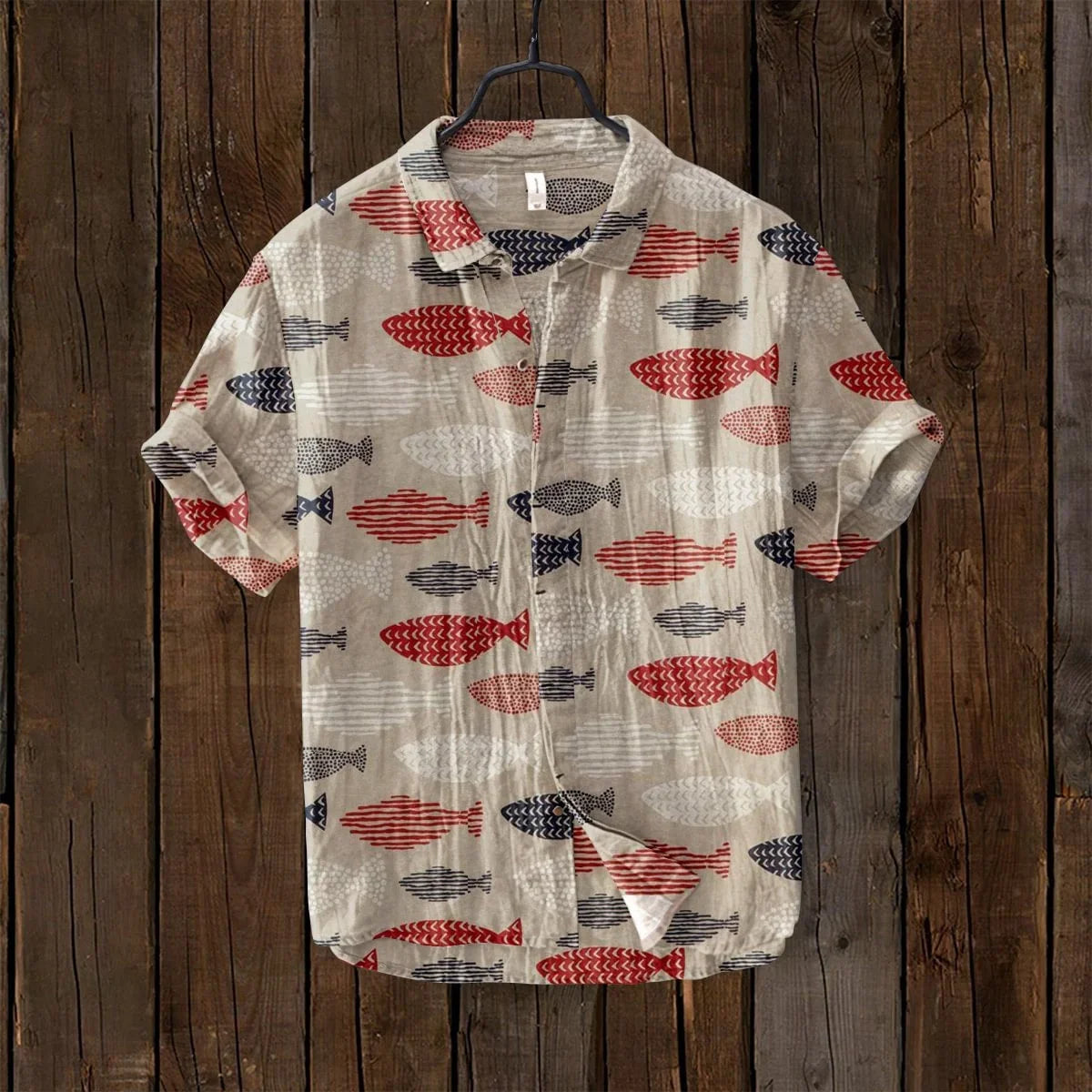 Men'S Short Sleeved Hawaiian Shirt, Japanese Art Retro Fish Print, Loose Breathable Linen Top, Casual Fashion, New, 2024-Gennys fashion