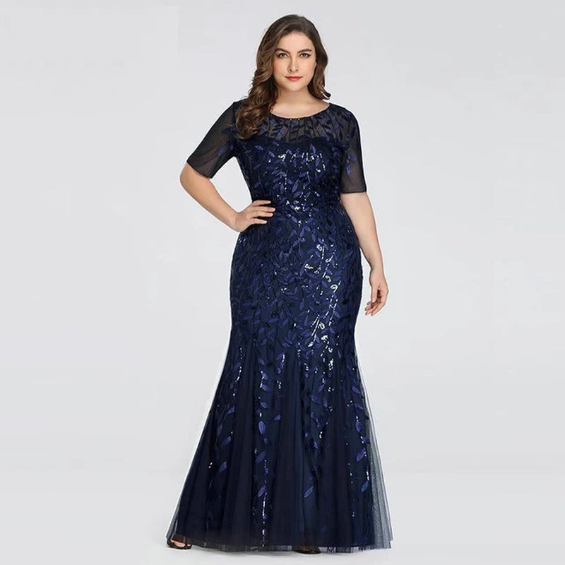 2023 plus Size Sequin Mesh Mermaid Slim Evening Dress Beaded Leaves Pattern Formal Women Elegant Party Prom Gowns Short Sleeve-Gennys fashion