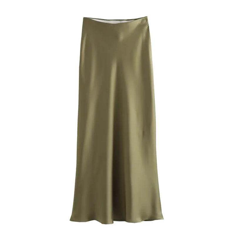 Women Fashion Satin Solid Pleated Midi Skirt Vintage Mid Elastic Waist Female Chic Lady Skirts-Gennys fashion