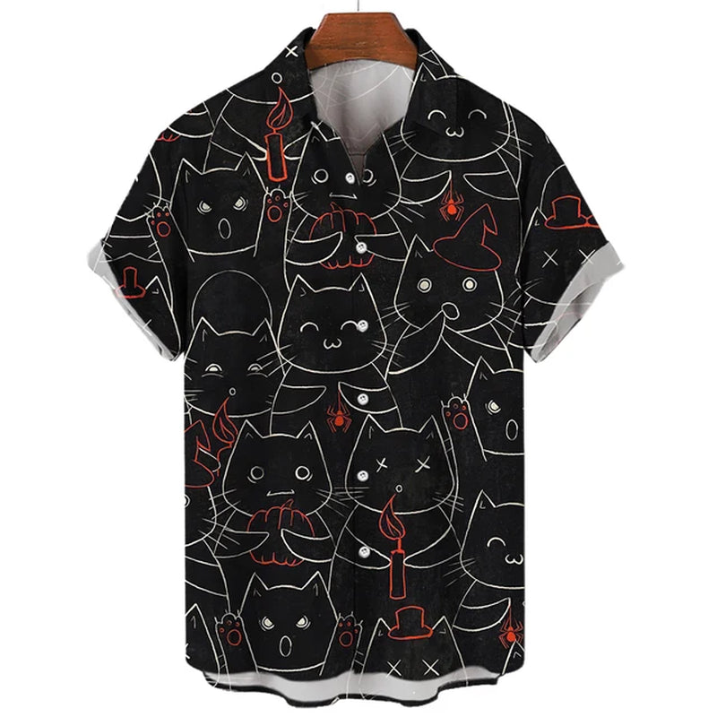 Men'S Hawaiian Collar Shirt 3D Printing Short Sleeve Cute Cat Casual for Men Vintage Clothes Harajuku Floral Blouse-Gennys fashion