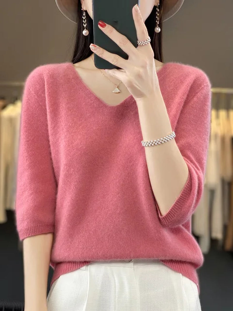 Short Sleeve Women Knitted Sweaters 100% Pure Merino Wool Cashmere Spring Fashion V-Neck Top Pullover Clothing-Gennys fashion