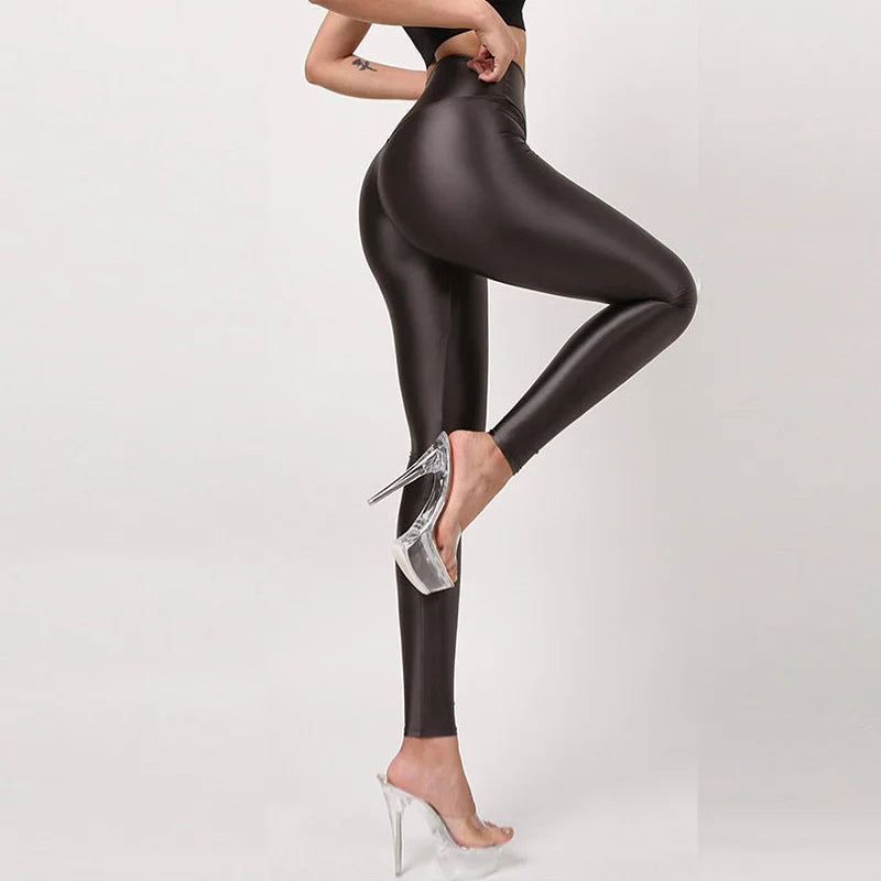 Glossy See through Thin Satin Sexy Leggings High Waist Yoga Sports Pants plus Size Trousers Women Bottoms-Gennys fashion