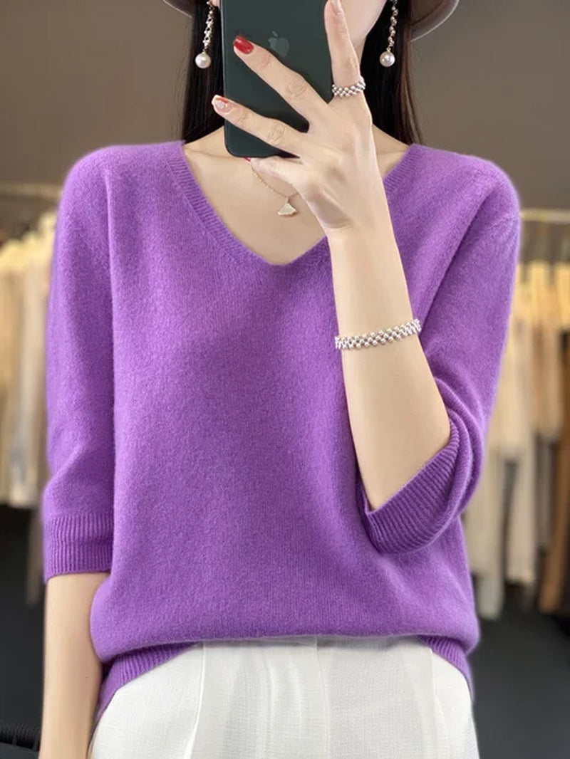 Short Sleeve Women Knitted Sweaters 100% Pure Merino Wool Cashmere Spring Fashion V-Neck Top Pullover Clothing-Gennys fashion