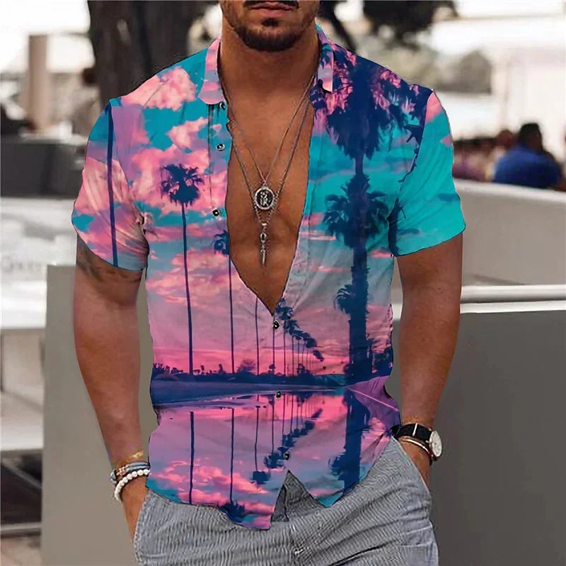 2024 Summer Hawaiian Men'S Shirt Vacation Daily Slim-Fit Top Gym Elegant Floral Pattern Leaves Society Casual Fashion-Gennys fashion