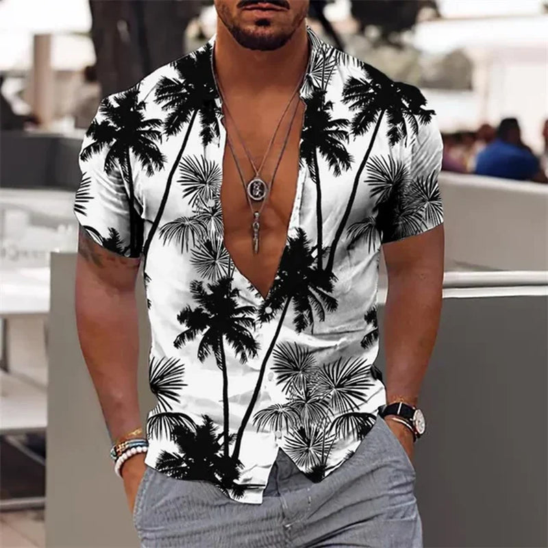 2024 Summer Hawaiian Men'S Shirt Vacation Daily Slim-Fit Top Gym Elegant Floral Pattern Leaves Society Casual Fashion-Gennys fashion